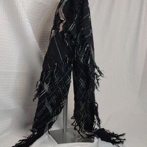 Ben Goodman Black Fringed Scarf / Shawl with Multicolor Accents